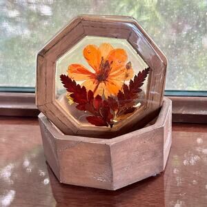 Vintage Octagon Wood Trinket Box with Pressed Flowers - 1970s Keepsake Box